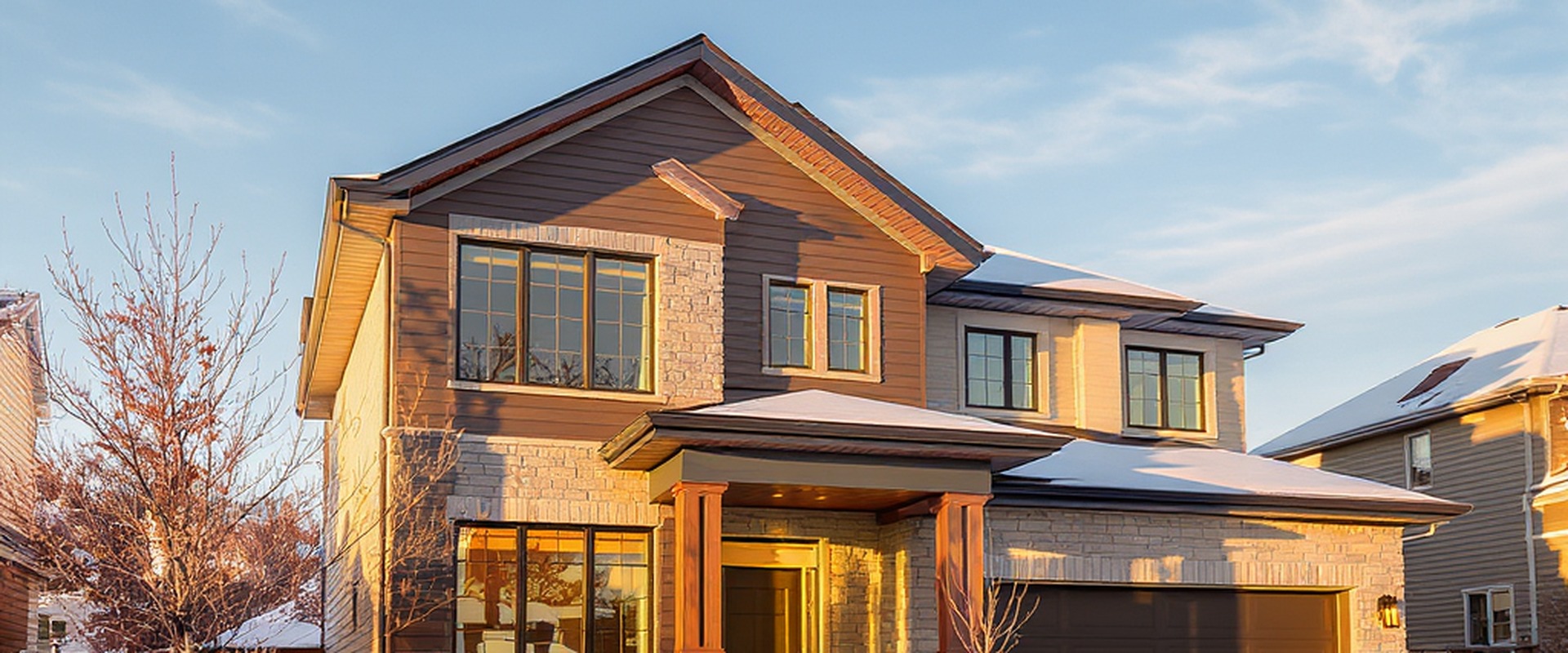 Aerial view of modern homes in Barrie, Ontario with downtown skyline and Lake Simcoe in background