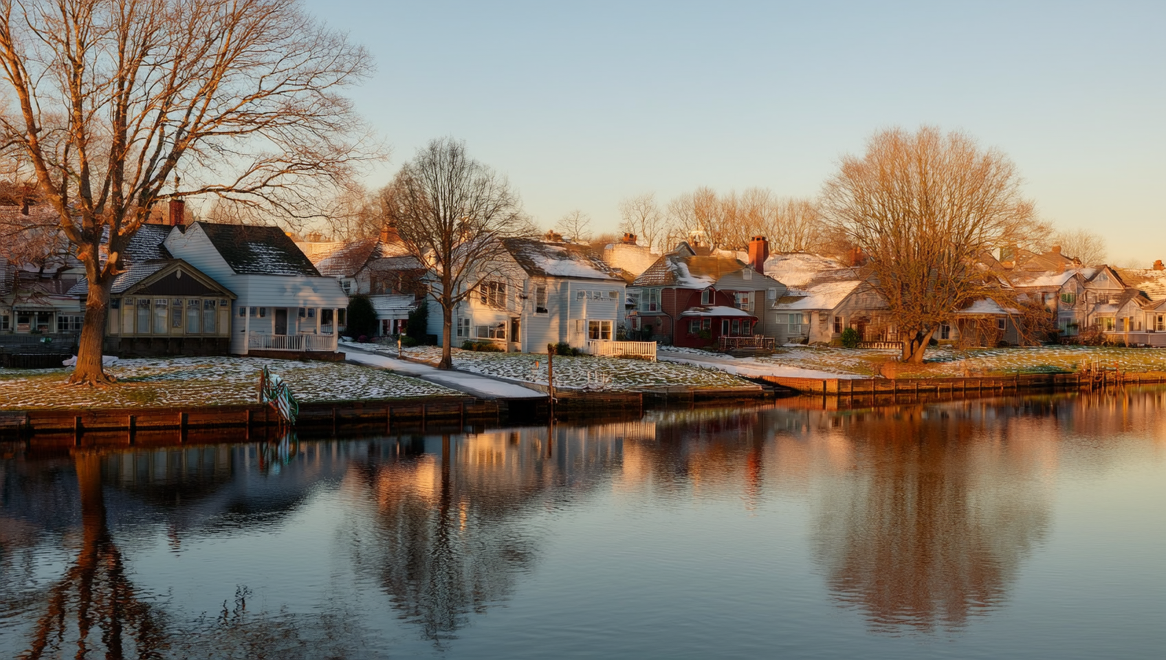 A quiet residential street in East Gwillimbury with detached houses and snowy roofs reflected in still water