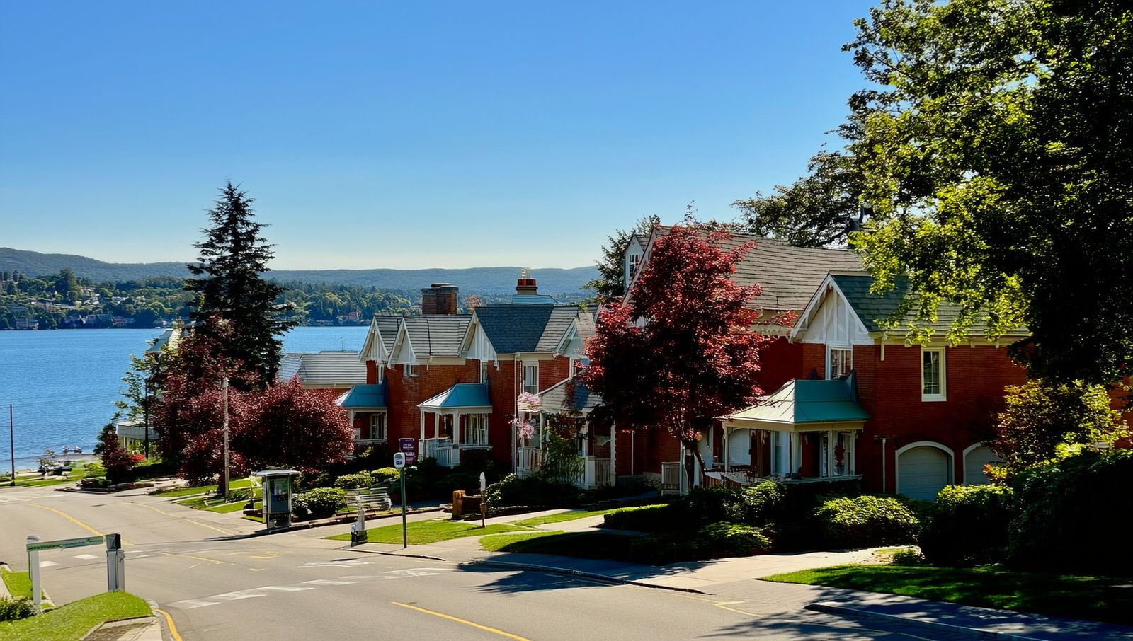 A Collingwood street with charming brick homes, mature maples, and a GO bus stop near the glistening harbour and Blue Mountains