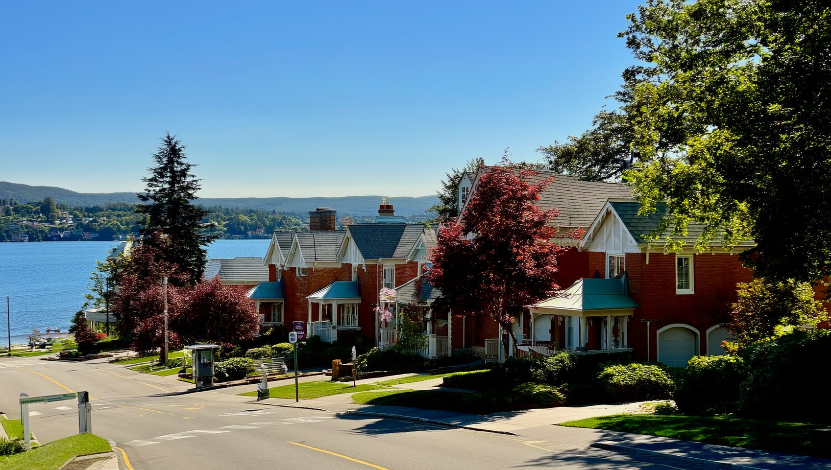 A Collingwood street with charming brick homes, mature maples, and a GO bus stop near the glistening harbour and Blue Mountains