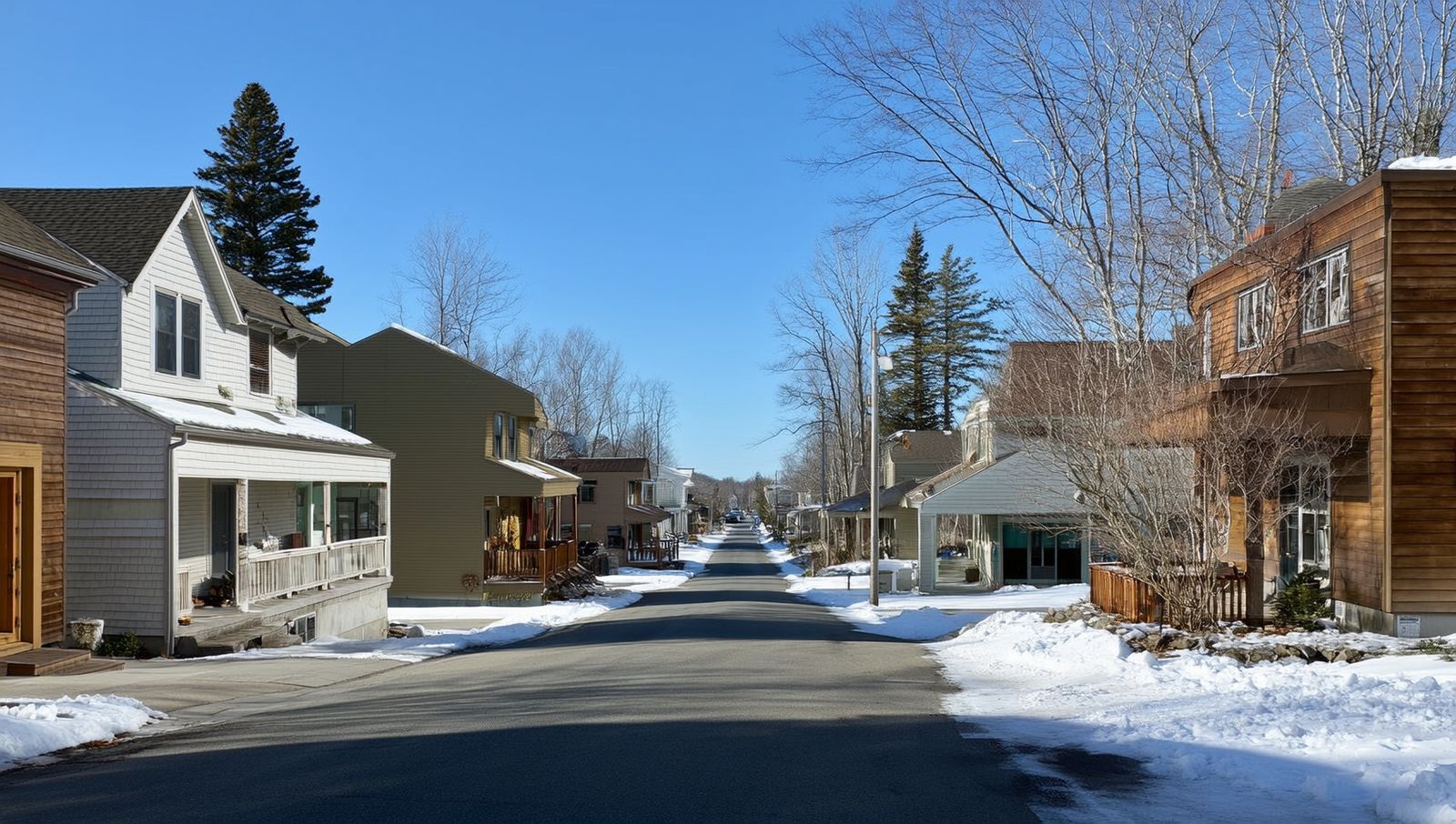 Snow-dusted detached wooden houses with covered porches line a quiet Gravenhurst street under tall pines and blue sky