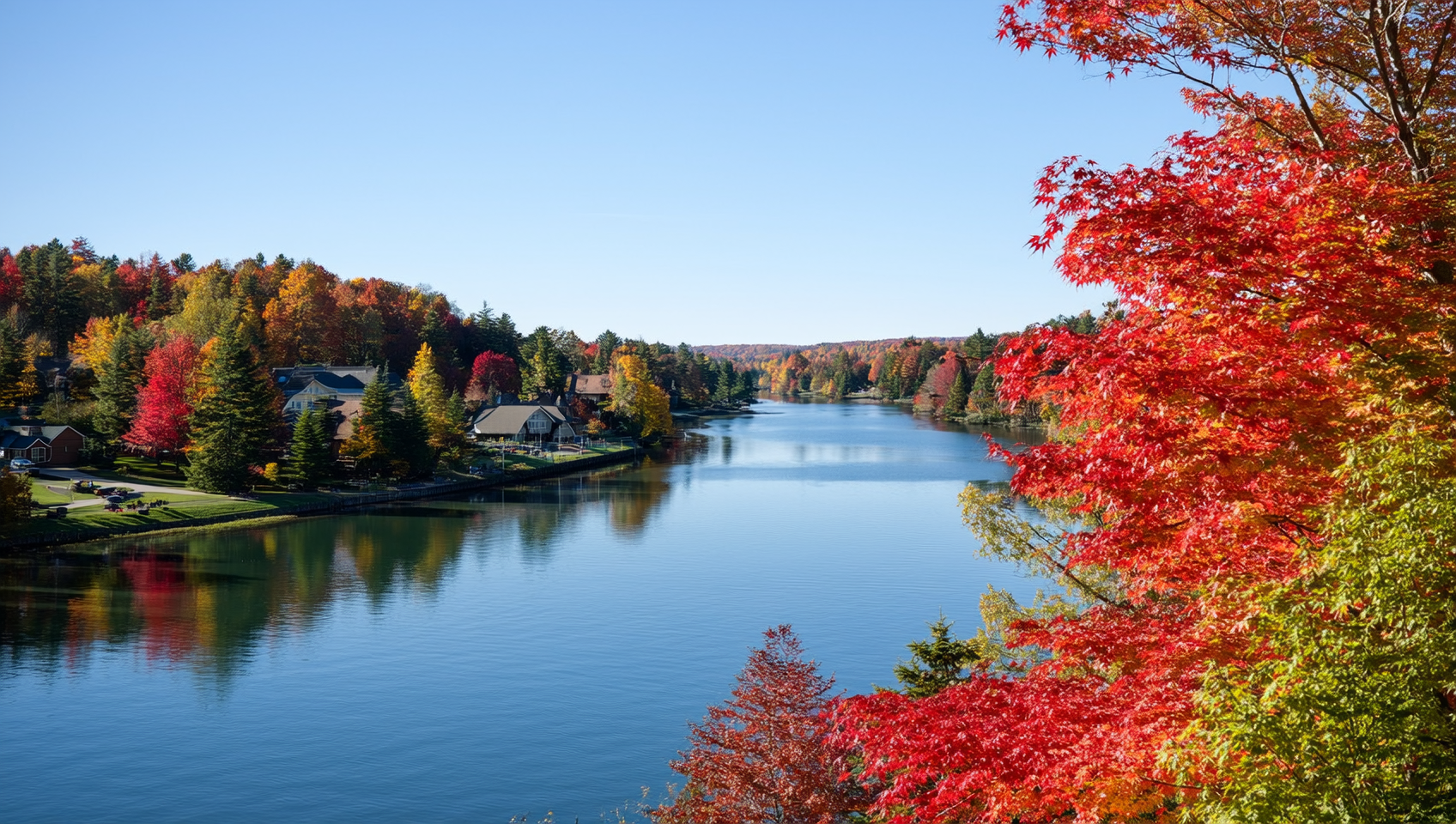 The Muskoka River winds through Huntsville, reflecting autumn leaves under a bright midday sun