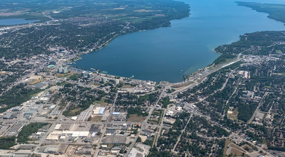 Aerial view of Barrie, Ontario and Kempenfelt Bay, one of the markets Parker Coulter Realty serves